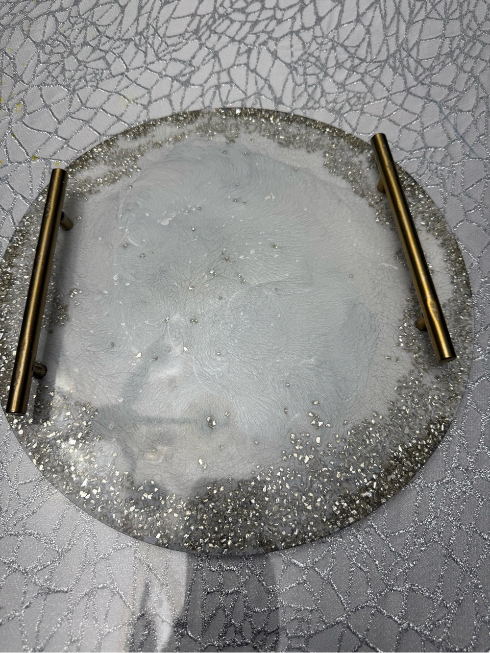 Round Silver Glitter Resin Serving Tray with Brass Handles - Picture 9 of 11
